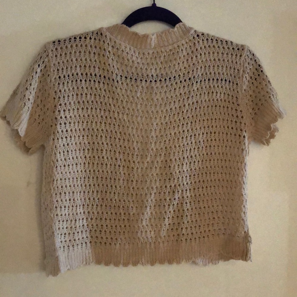 Beige Openwork Short-Sleeve Shrug - Women's Sweater - Picture 4 of 11
